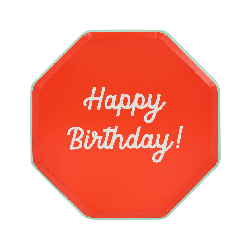 Red birthday plate with Happy Birthday text for birthday celebrations from Parte Haus party supply store in Bethesda MD.