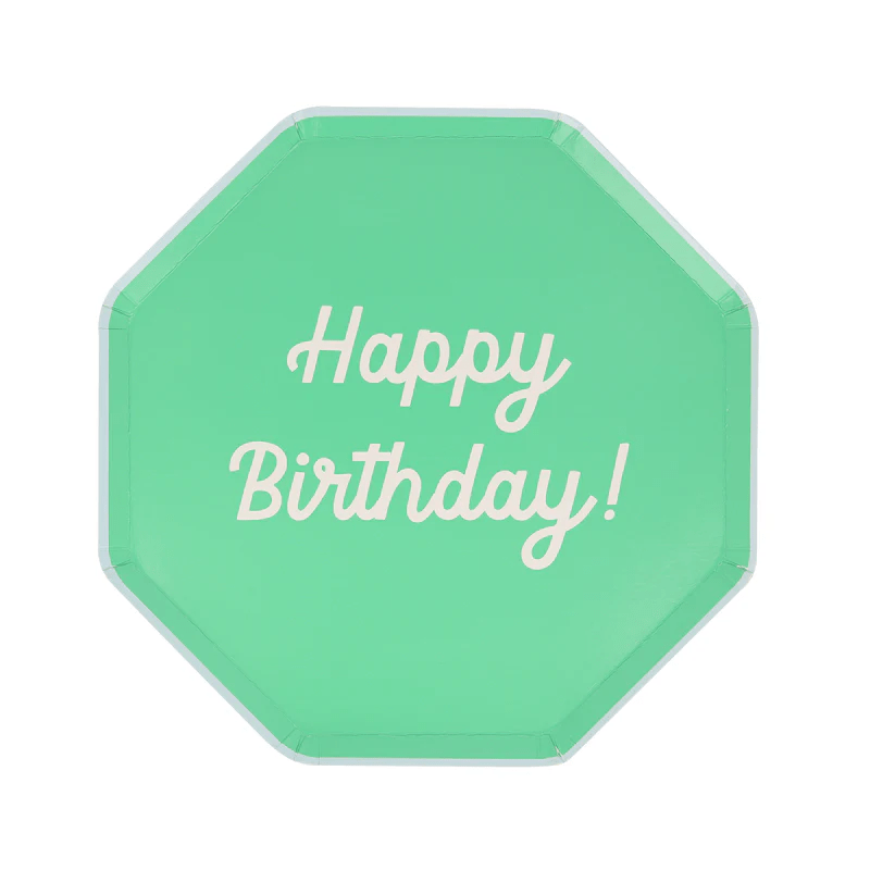 Mint green octagon paper plate with Happy Birthday text birthday theme from Parte Haus party supply store in Bethesda MD