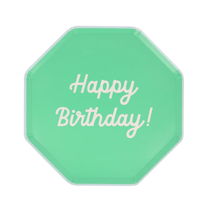 Mint green octagon paper plate with Happy Birthday text birthday theme from Parte Haus party supply store in Bethesda MD