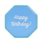 Blue birthday plate with Happy Birthday text for birthday celebrations from Parte Haus party supply store in Bethesda MD