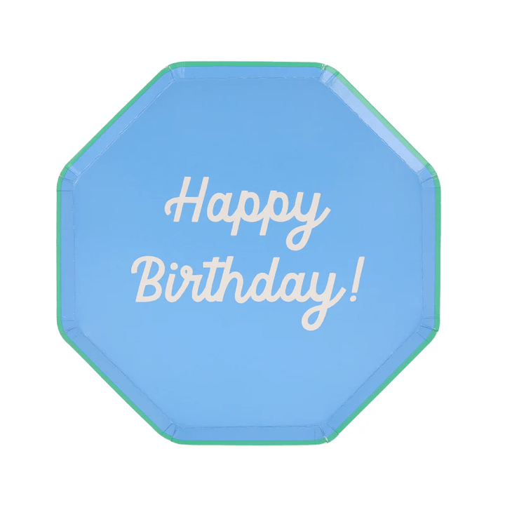Blue birthday plate with Happy Birthday text for birthday celebrations from Parte Haus party supply store in Bethesda MD