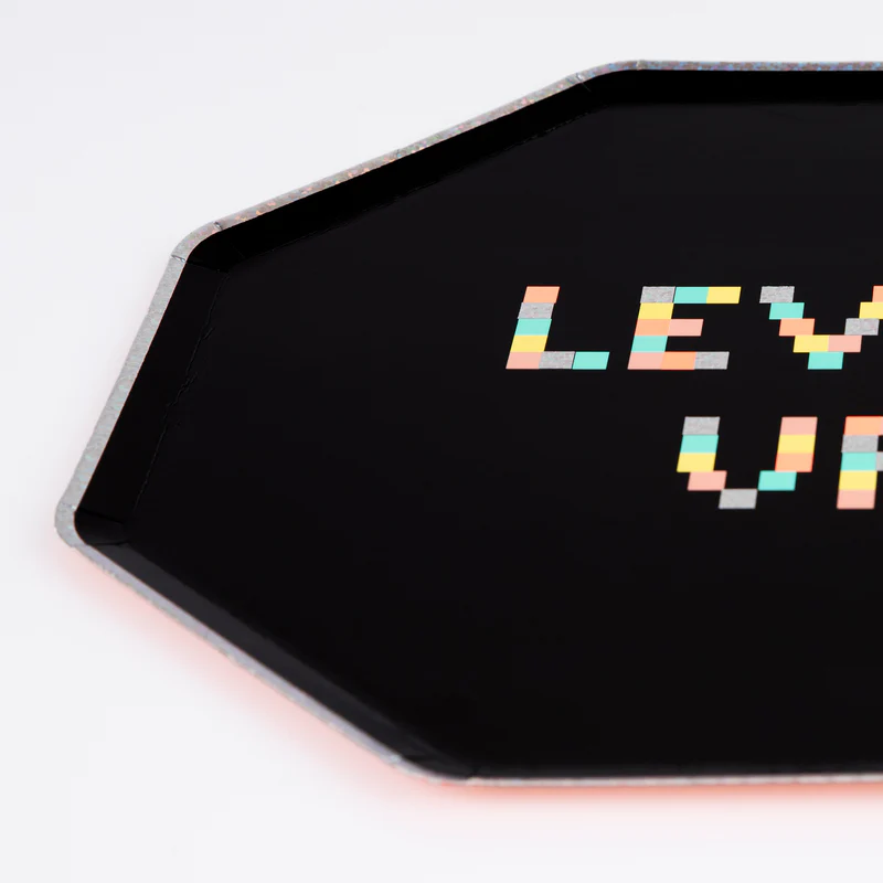 Black octagon tray with colorful pixel text for gamer theme from Parte Haus party supply store in Bethesda MD