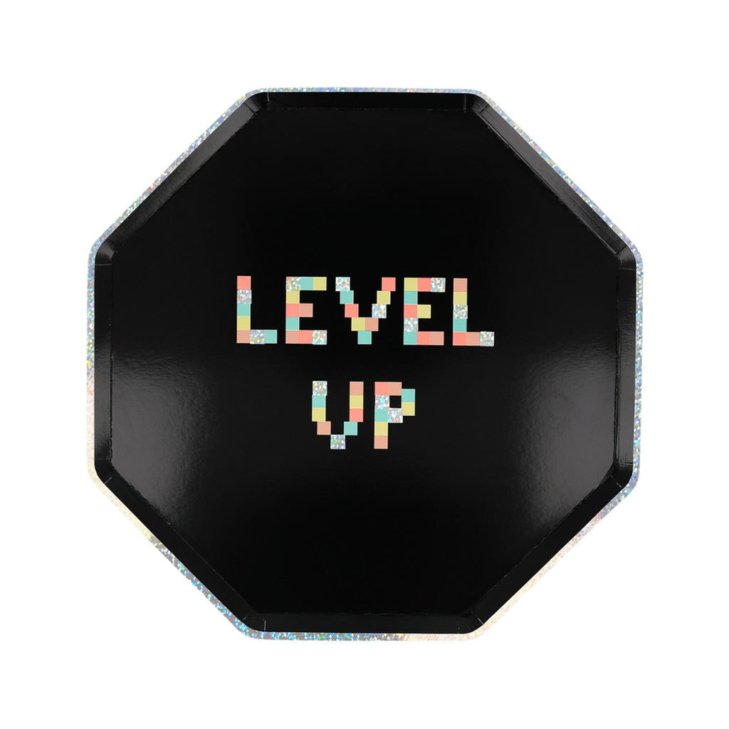 Black level up octagon plate with pixel text video game birthday theme from Parte Haus party supply store in Bethesda Maryland