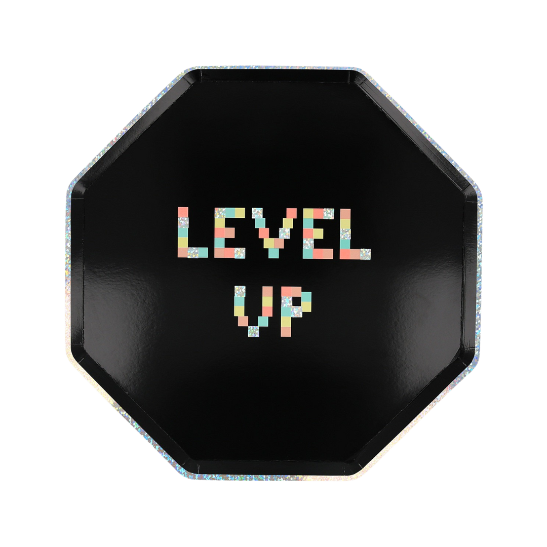 Black level up octagon plate with pixel text video game birthday theme from Parte Haus party supply store in Bethesda Maryland