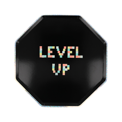 Black level up octagon plate with pixel text video game birthday theme from Parte Haus party supply store in Bethesda Maryland