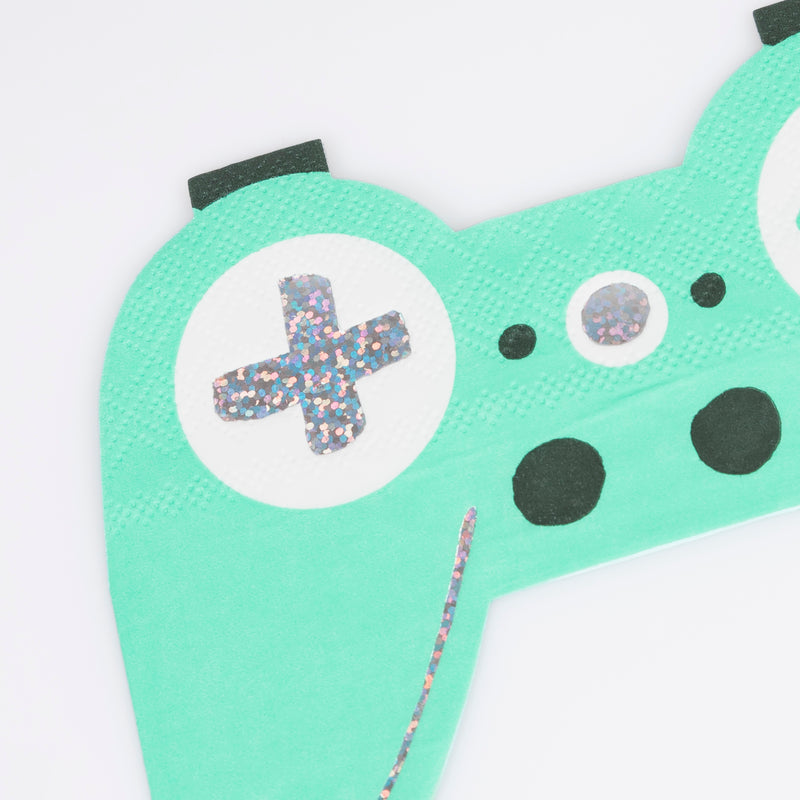 Mint green game controller shaped napkin with sparkly details gamer birthday theme from Parte Haus party supply store in Bethesda MD