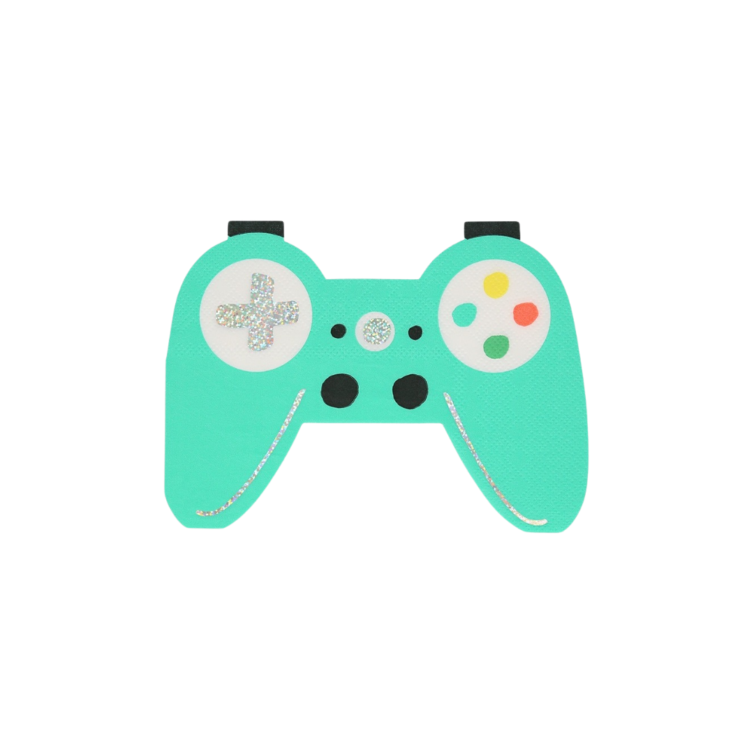 Mint green game controller shaped plate with colorful buttons video game birthday from Parte Haus party supply store in Bethesda MD.