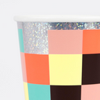 Colorful checkered paper cup with iridescent rim for birthday from Parte Haus party supply store in Bethesda MD