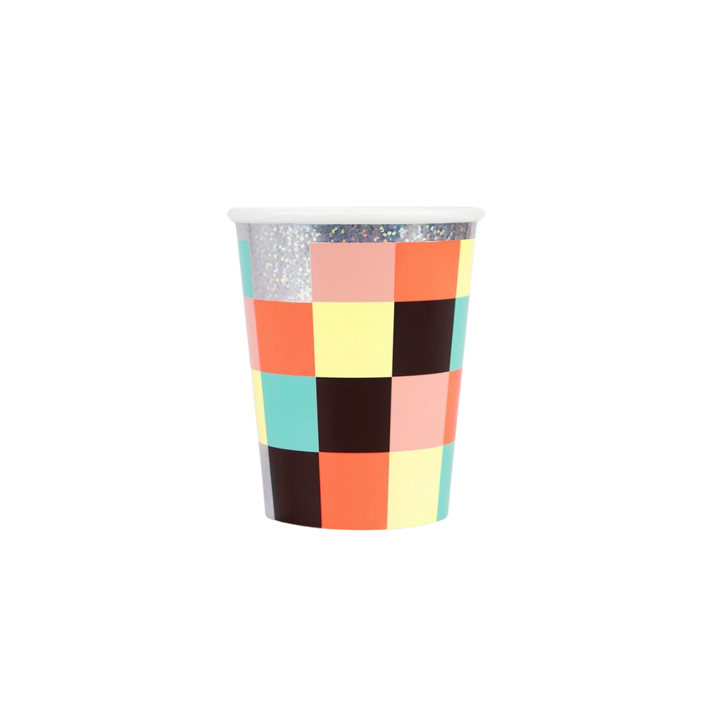 Multicolor checkered paper cup with holographic rim birthday theme from Parte Haus party supply store in Bethesda MD