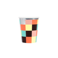 Multicolor checkered paper cup with holographic rim birthday theme from Parte Haus party supply store in Bethesda MD
