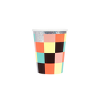 Multicolor checkered paper cup with holographic rim birthday theme from Parte Haus party supply store in Bethesda MD
