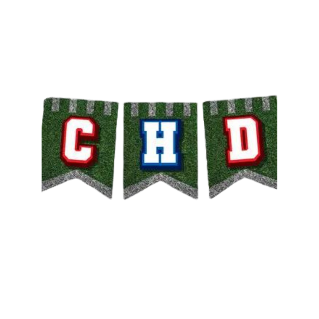 Green football banner with bold red and blue letters CHD decoration from Parte Haus party supply store in Bethesda MD