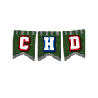 Green football banner with bold red and blue letters CHD decoration from Parte Haus party supply store in Bethesda MD