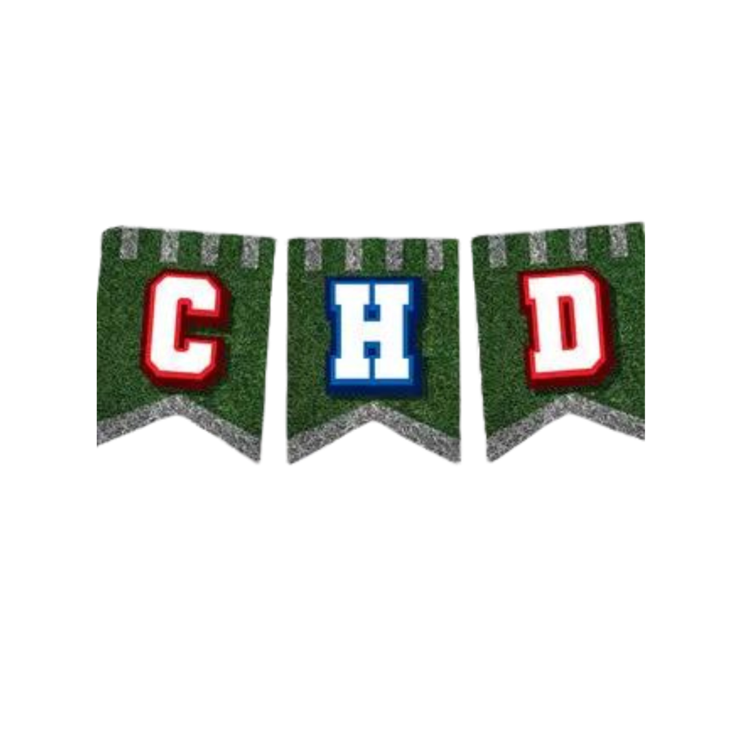 Green football banner with bold red and blue letters CHD decoration from Parte Haus party supply store in Bethesda MD