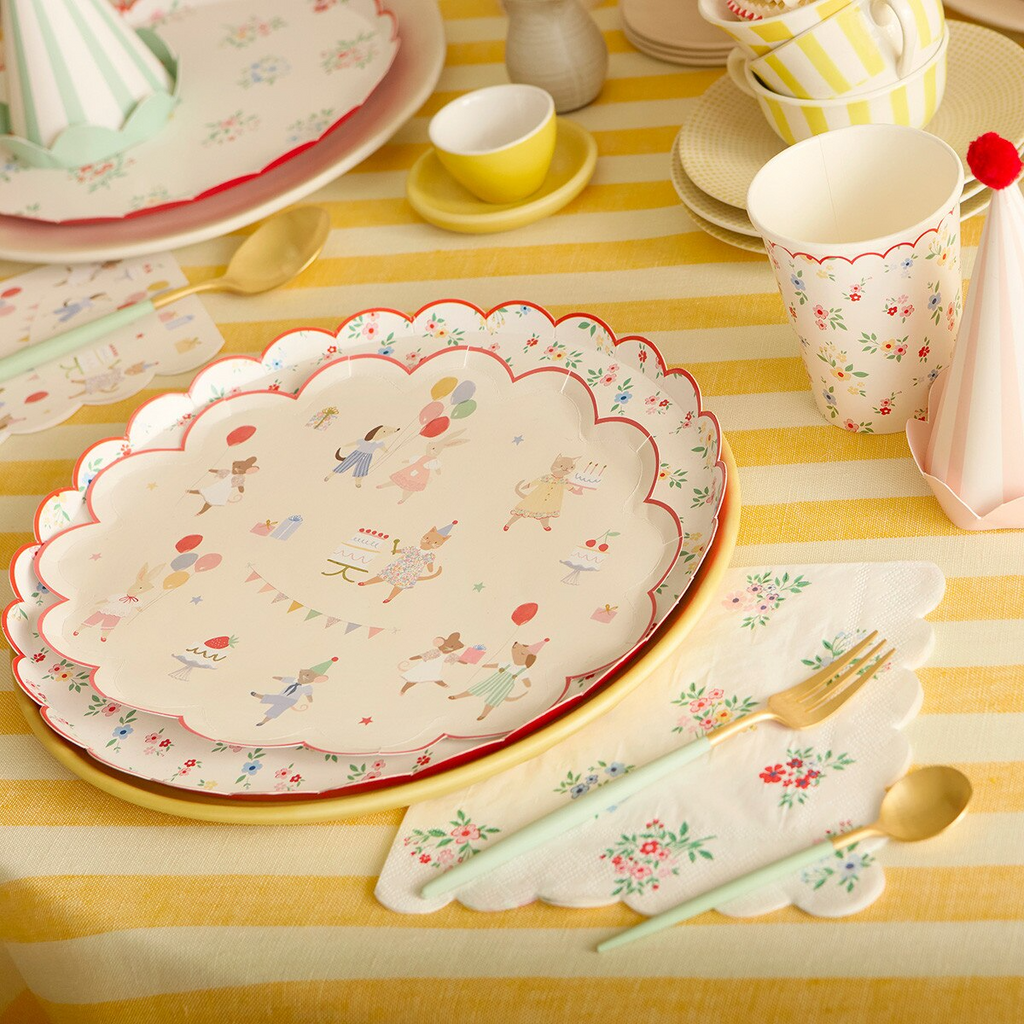 Pastel animal print paper plates and floral napkins for kids birthday from Parte Haus party supply store in Bethesda MD