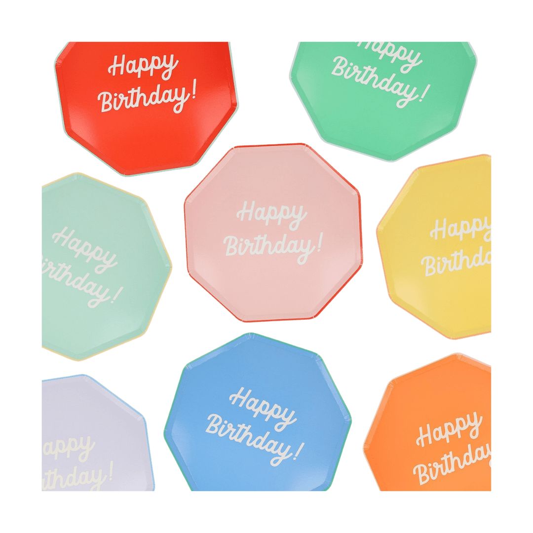 Multicolor birthday plates with Happy Birthday text from Parte Haus party supply store in Bethesda MD