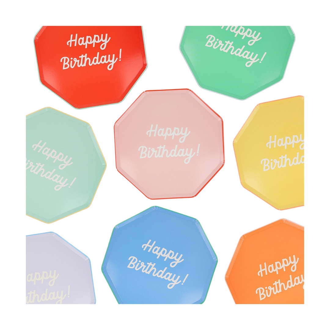 Assorted Color Happy Birthday Octagon Dinner Plates