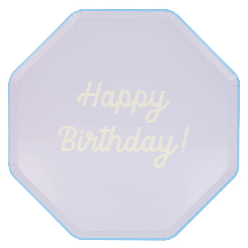 Light blue birthday plate with Happy Birthday text octagon shaped for birthday from Parte Haus party supply store in Bethesda MD