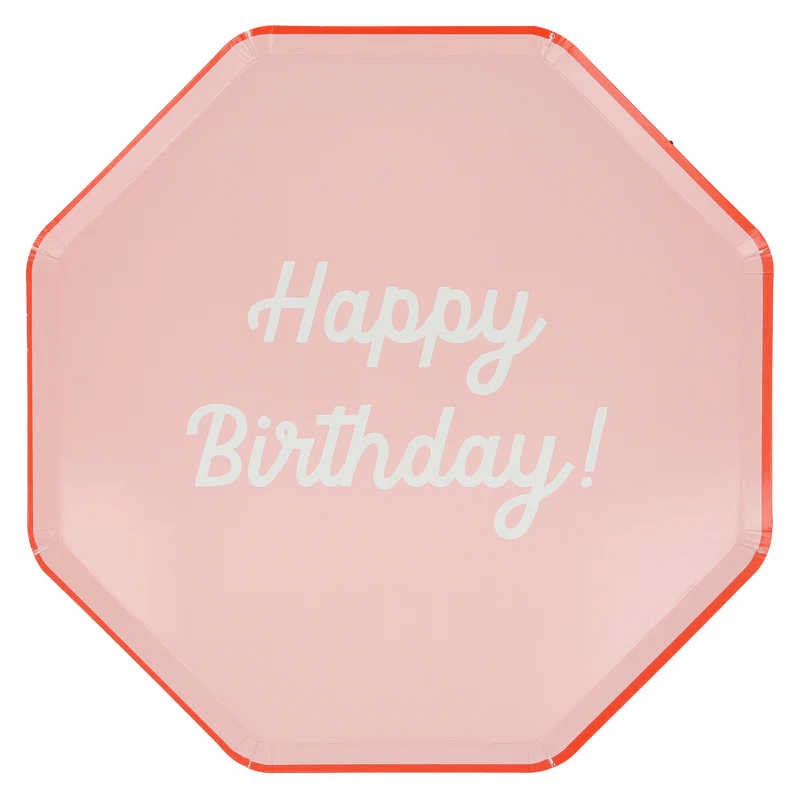 Pink happy birthday plate with white text for birthday party from Parte Haus party supply store in Bethesda MD.