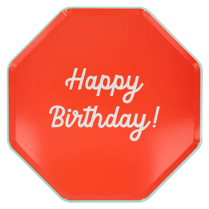 Red octagon Happy Birthday plate for birthday theme from Parte Haus party supply store in Bethesda Maryland