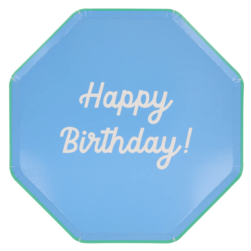 Blue octagon birthday plate with white happy birthday text birthday party from Parte Haus party supply store in Bethesda MD