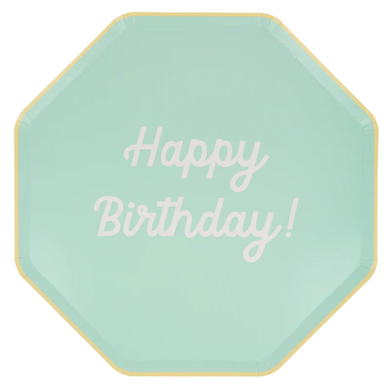Mint green happy birthday plate with yellow border birthday theme from Parte Haus party supply store in Bethesda MD