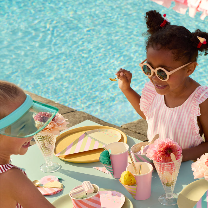 Pink and yellow kids poolside tableware with stripes and polka dots summer birthday from Parte Haus party supply store in Bethesda MD