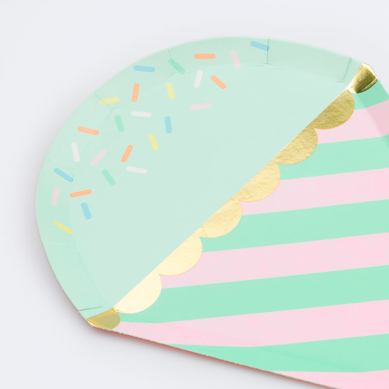 Mint and pink striped paper plate with gold trim and sprinkles birthday from Parte Haus party supply store in Bethesda MD