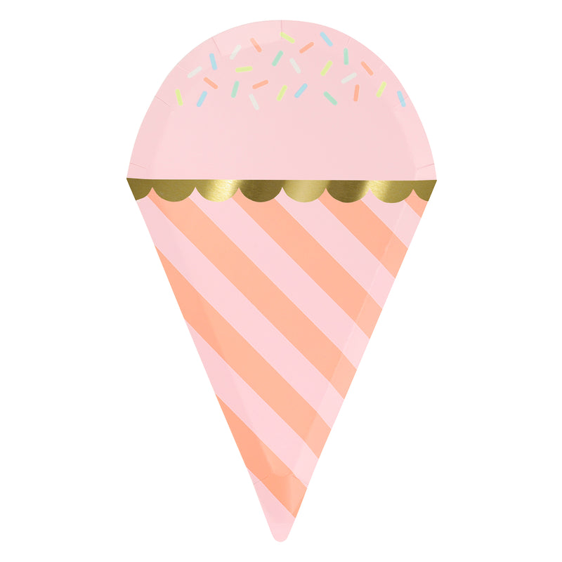 Pink ice cream cone shaped plate with stripes and sprinkles birthday from Parte Haus party supply store in Bethesda MD