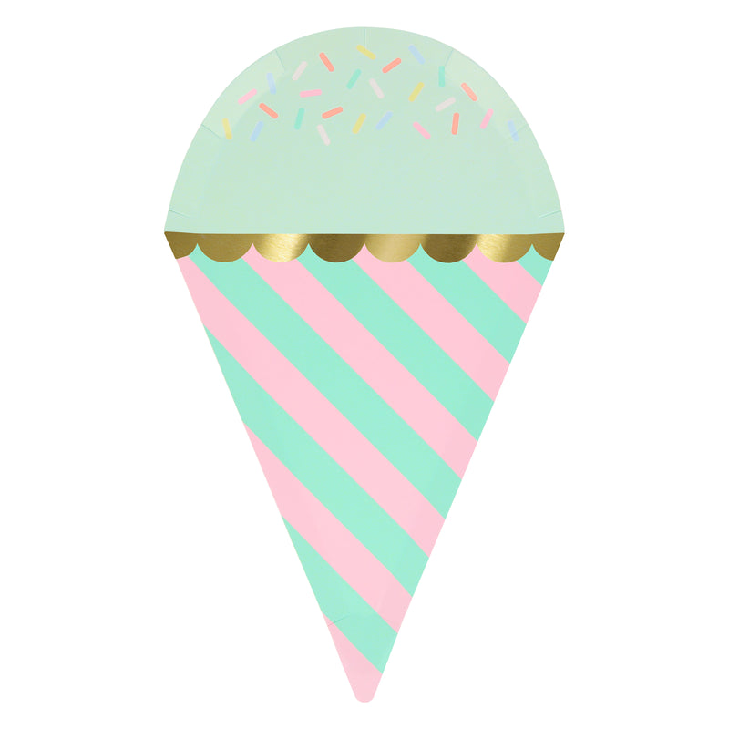 Mint and pink ice cream cone shaped plate with sprinkles for birthday from Parte Haus party supply store in Bethesda MD