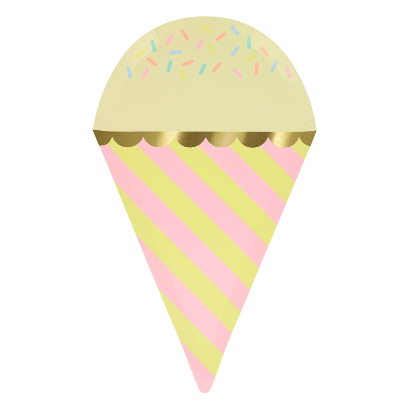 Pastel yellow and pink ice cream cone plate with gold trim for summer birthday from Parte Haus party supply store in Bethesda MD