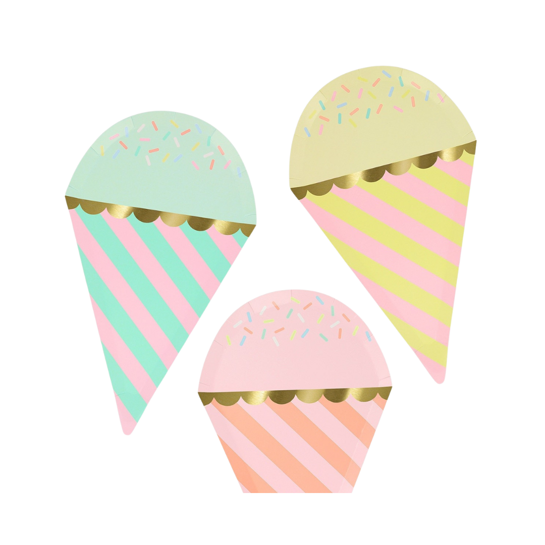 Pastel striped ice cream cone plates with sprinkles birthday decoration from Parte Haus party supply store in Bethesda MD