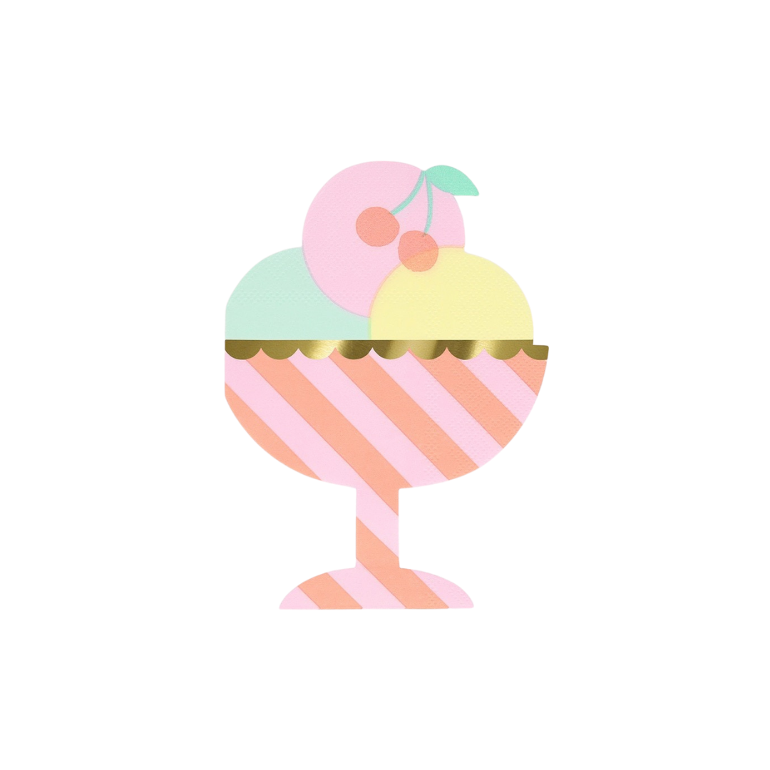 Pastel striped ice cream cup napkin with gold trim for birthday celebration from Parte Haus party supply store in Bethesda Maryland