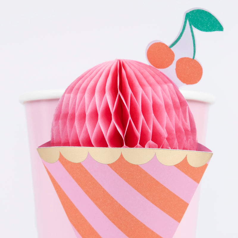 Pink ice cream honeycomb decoration with cherry topper for birthday from Parte Haus party supply store in Bethesda MD