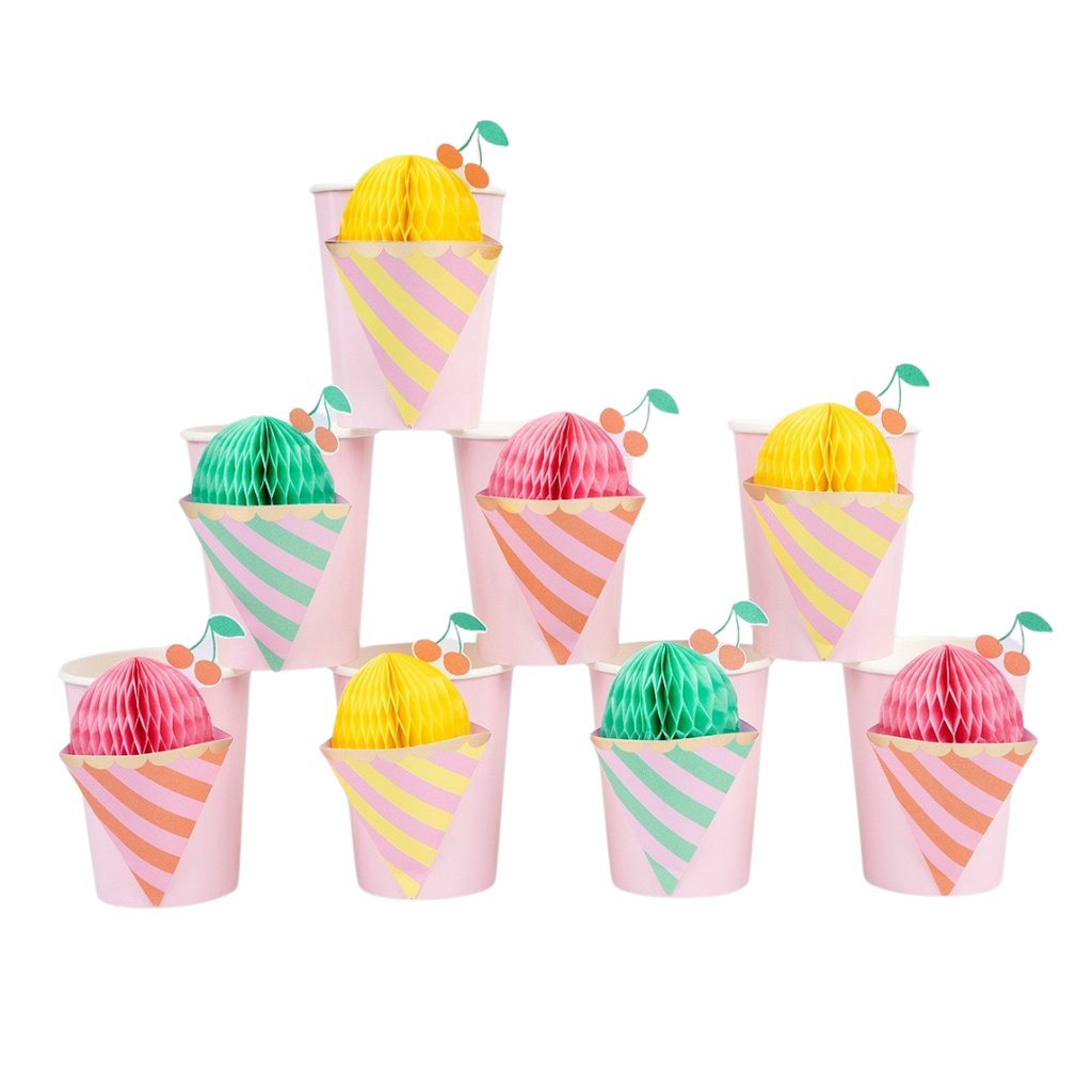 Pink pastel ice cream paper cups with honeycomb toppers for birthday from Parte Haus party supply store in Bethesda MD