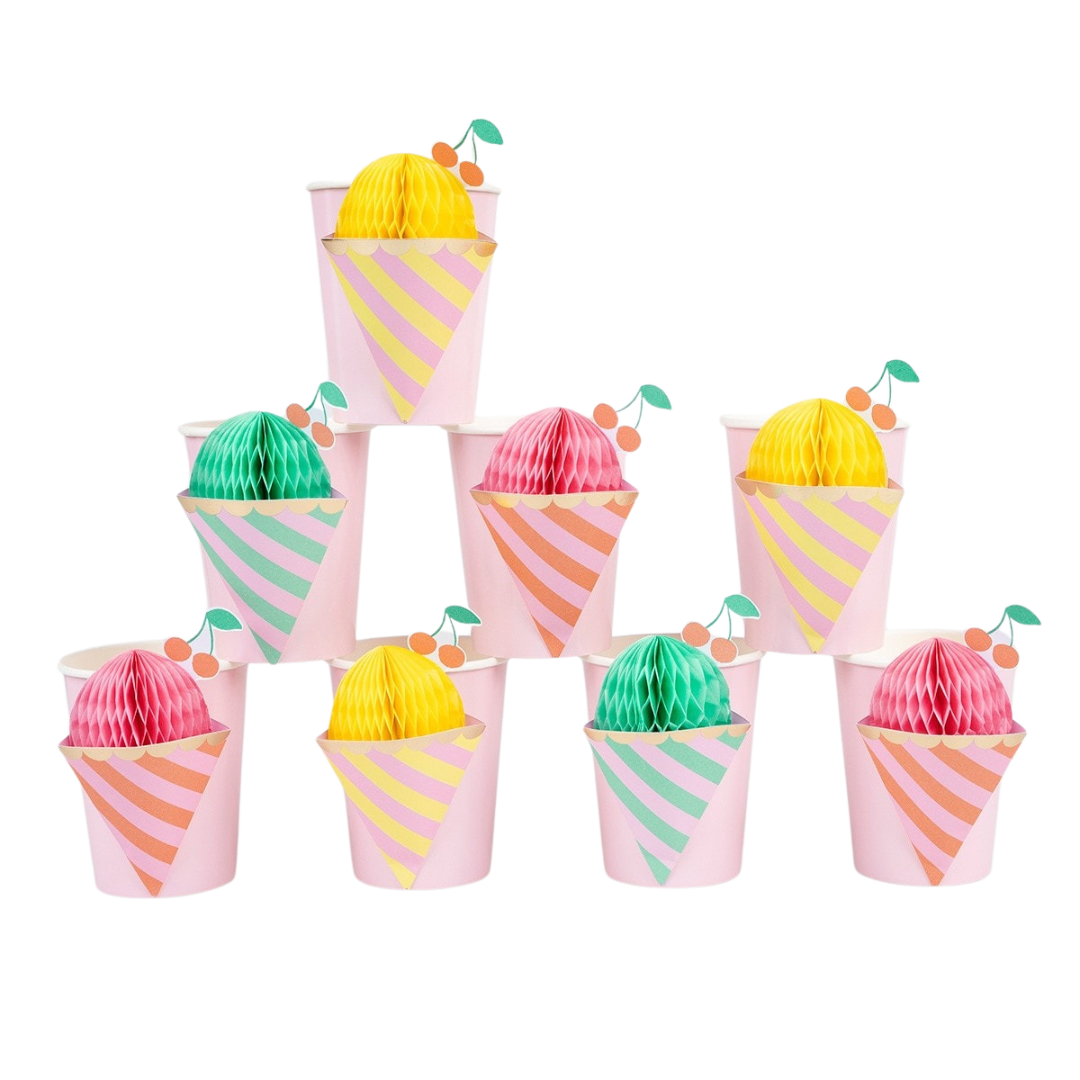 Pink pastel ice cream paper cups with honeycomb toppers for birthday from Parte Haus party supply store in Bethesda MD