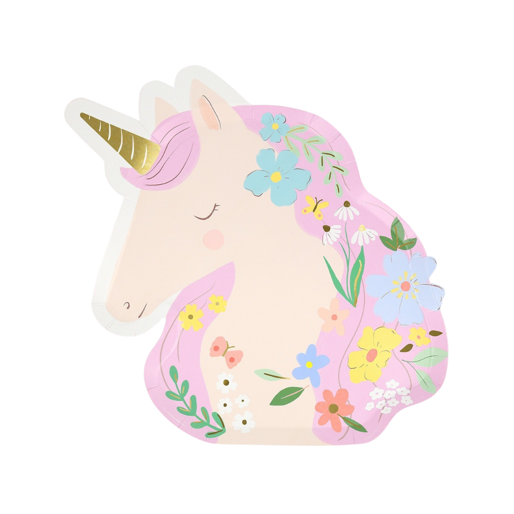 Pink unicorn shaped floral plate for birthday from Parte Haus party supply store in Bethesda Maryland