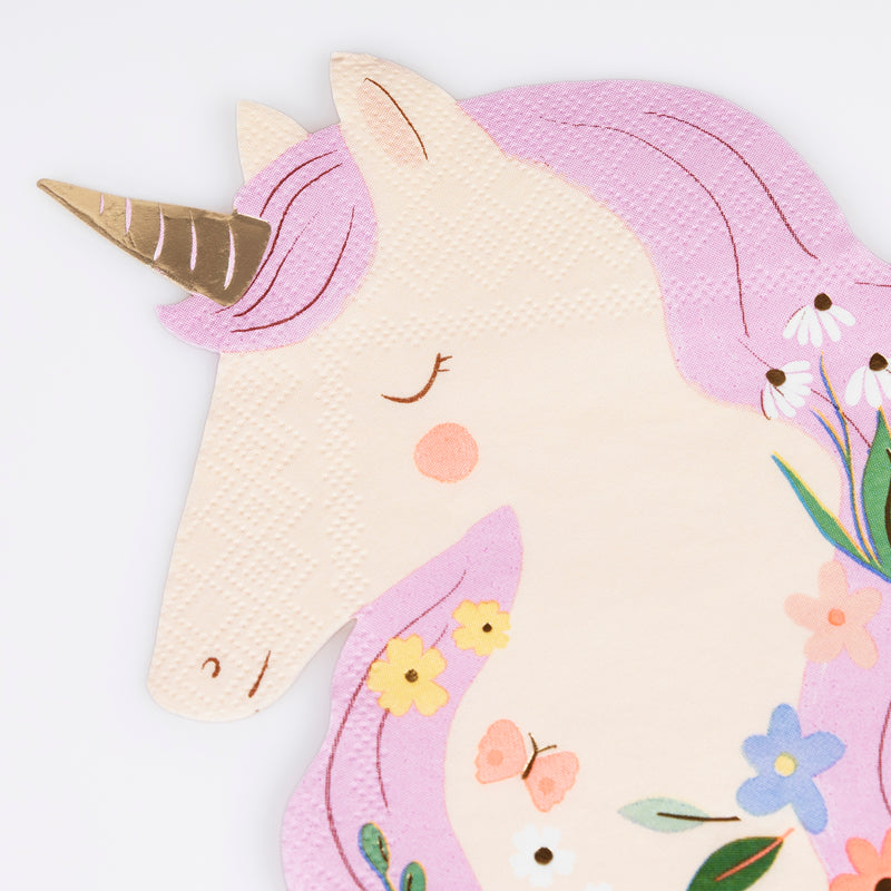 Pink unicorn napkin with floral decorations unicorn birthday theme from Parte Haus party supply store in Bethesda MD.