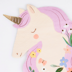 Pink unicorn napkin with floral decorations unicorn birthday theme from Parte Haus party supply store in Bethesda MD.
