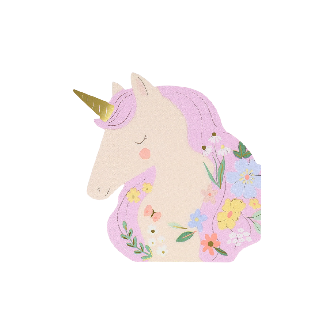 Pastel unicorn napkin with floral design for birthday from Parte Haus party supply store in Bethesda MD