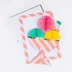 Pink yellow and teal ice cream card with honeycomb accents birthday theme from Parte Haus party supply store in Bethesda MD