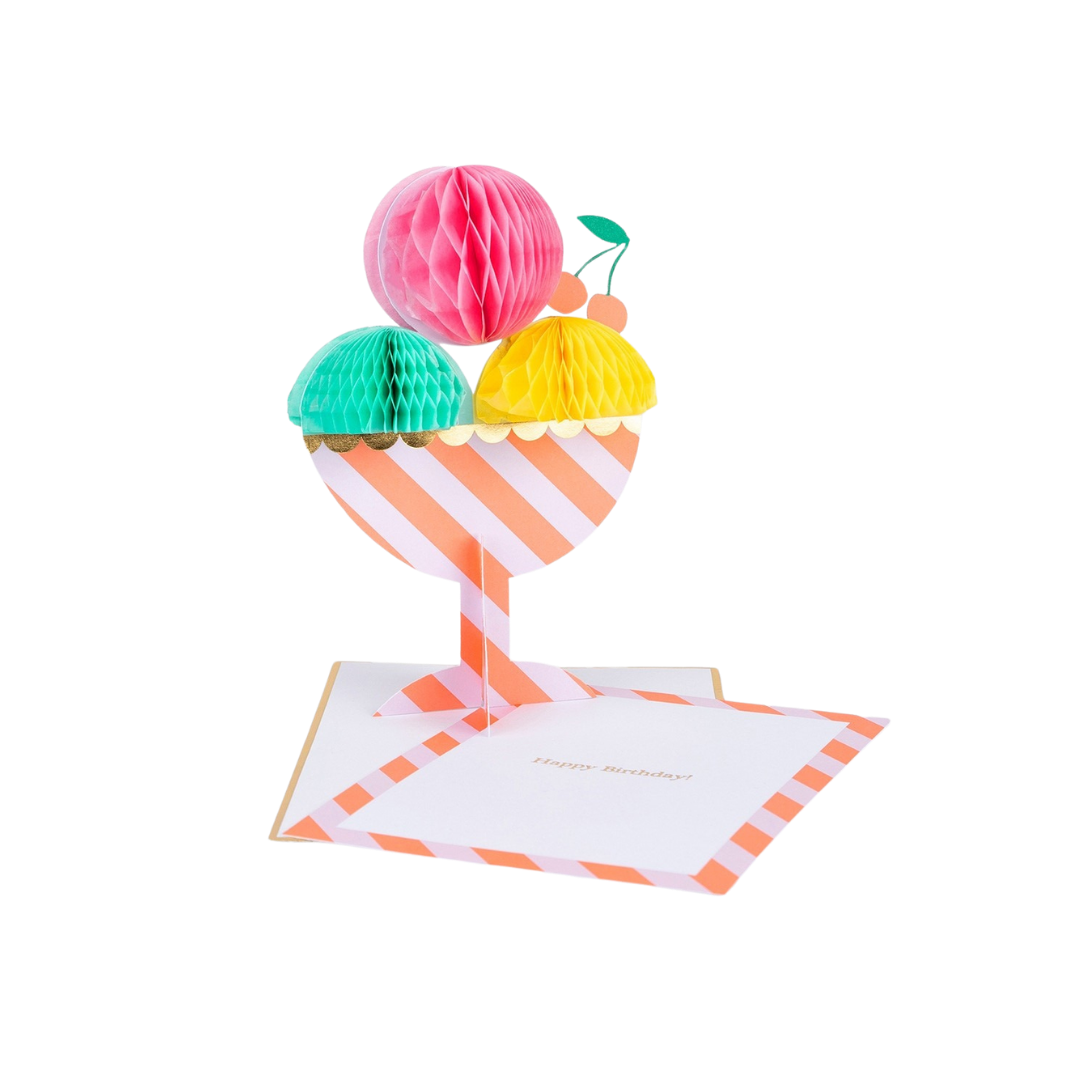 Pink green yellow ice cream pop up birthday card with striped base from Parte Haus party supply store in Bethesda MD