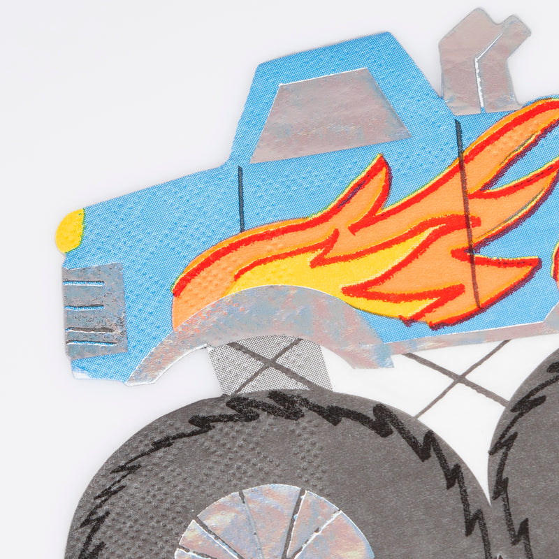 Blue monster truck napkin with flame design birthday theme from Parte Haus party supply store in Bethesda MD