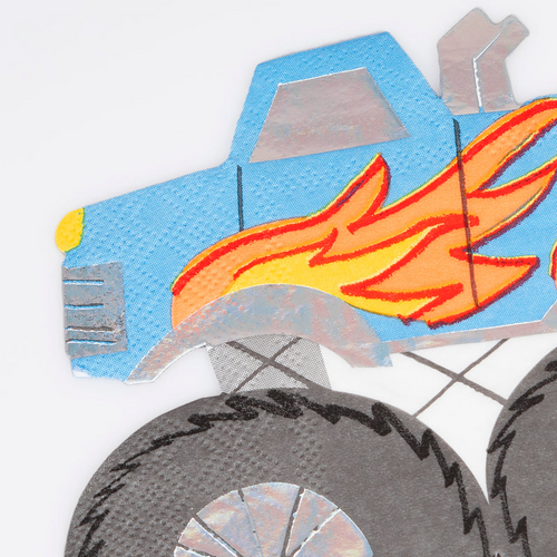 Blue monster truck napkin with flame design birthday theme from Parte Haus party supply store in Bethesda MD