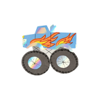 Blue monster truck shaped napkin with flame design for birthday party from Parte Haus party supply store in Bethesda Maryland