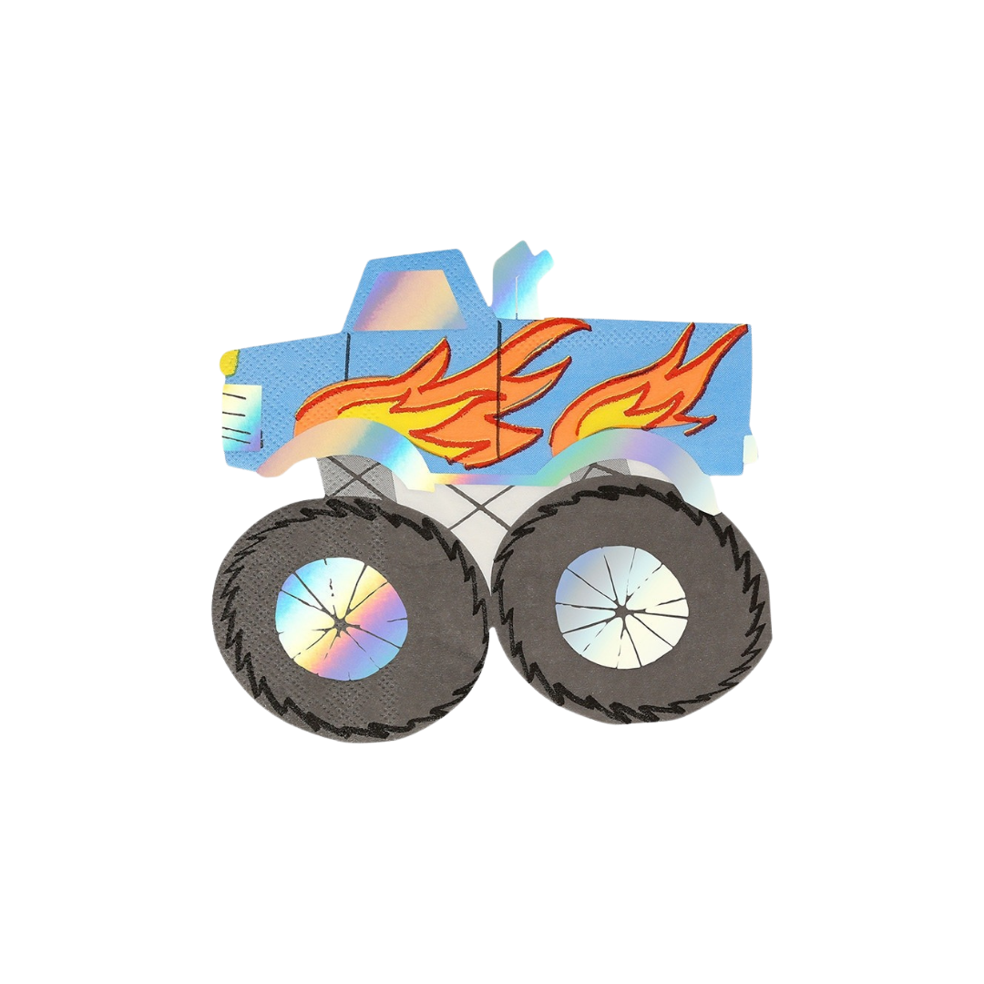 Blue monster truck shaped napkin with flame design for birthday party from Parte Haus party supply store in Bethesda Maryland