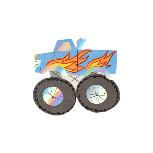 Blue monster truck shaped napkin with flame design for birthday party from Parte Haus party supply store in Bethesda Maryland