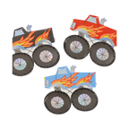 Red blue and black monster truck shaped napkins with flame design kids birthday from Parte Haus party supply store in Bethesda Maryland