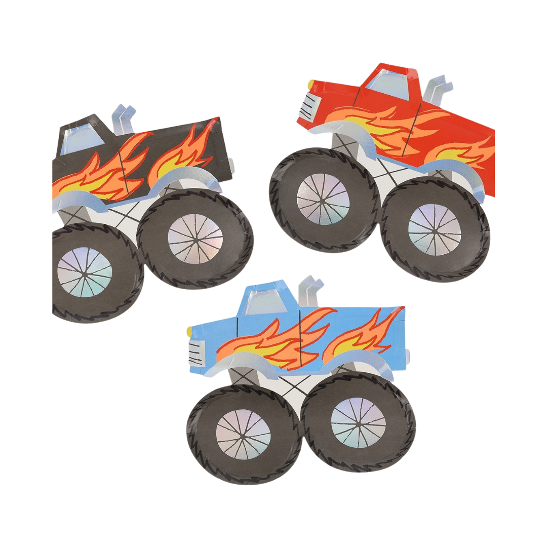 Red blue and black monster truck shaped napkins with flame design kids birthday from Parte Haus party supply store in Bethesda Maryland