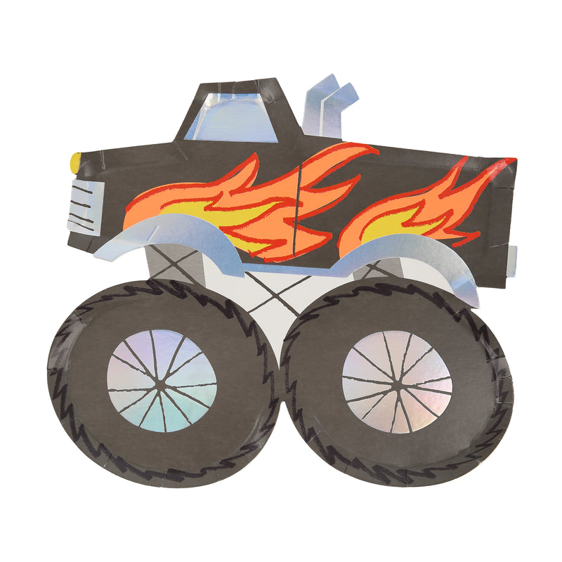 Black monster truck plate with flame design kids birthday theme from Parte Haus party supply store in Bethesda MD.